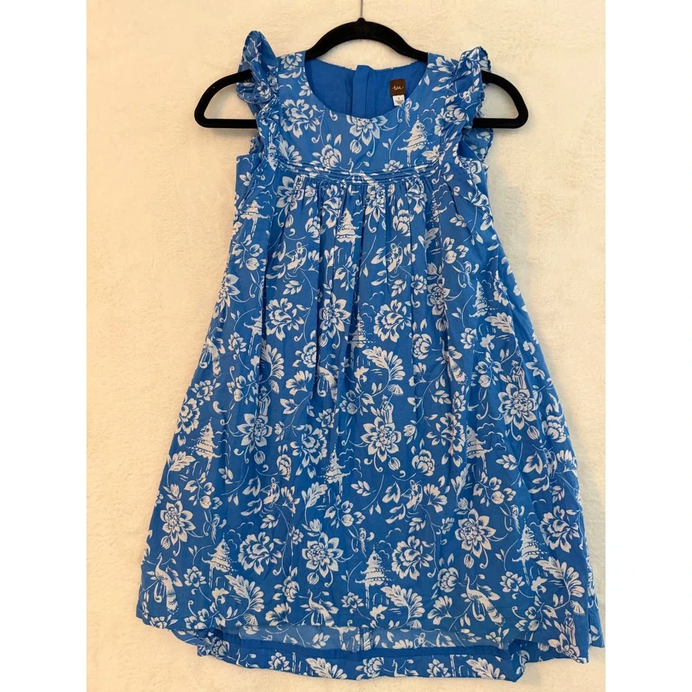 Tea Collection Girls Floral Toile Pagoda Dress Size 8 Sleeveless Ruffle